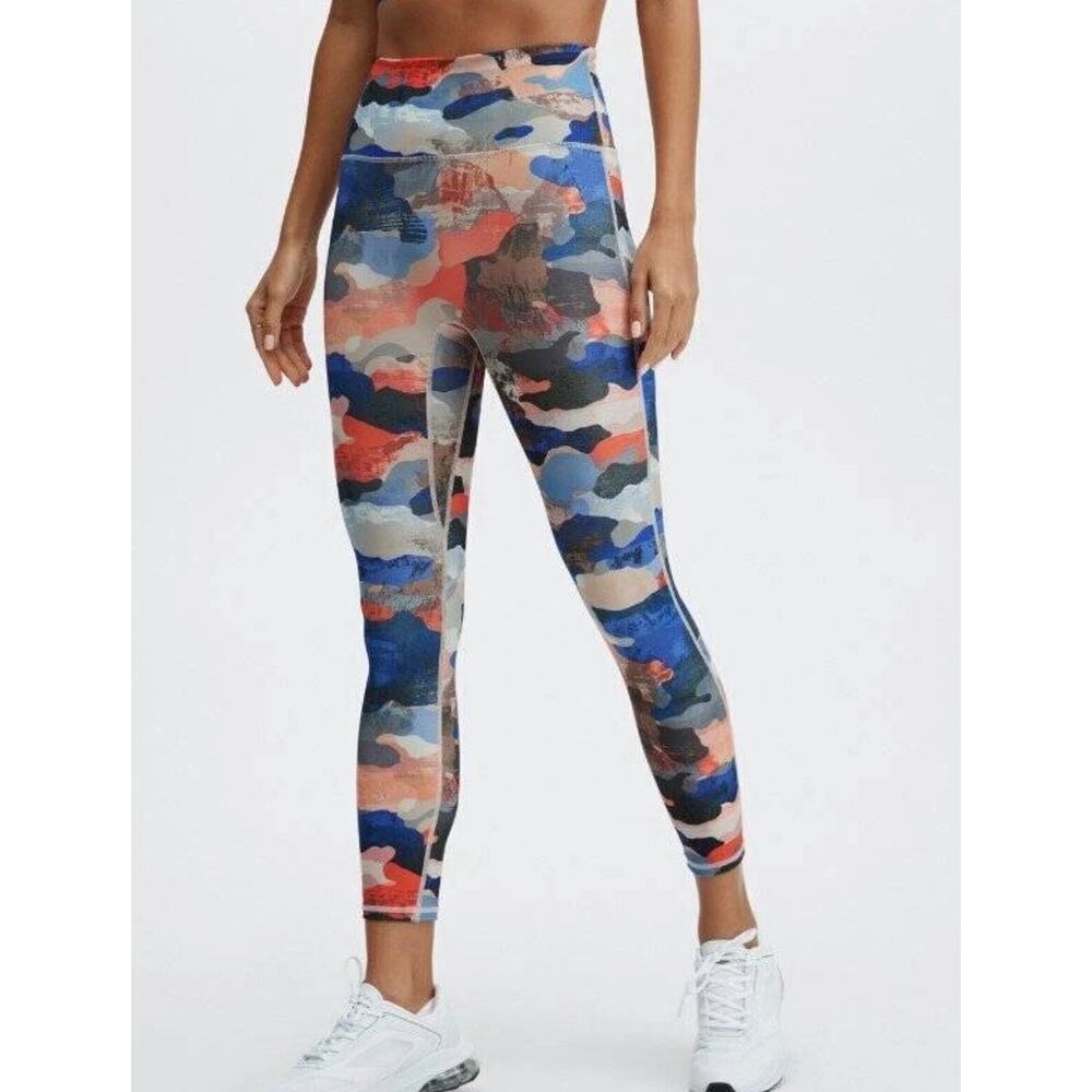 FABLETICS HIGH WAISTED LEGGINGS SZ SMALL ROYAL BLUE ORANGE CAMO PHONE POCKET - Picture 2 of 16